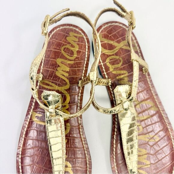 Sam Edelman GIGI Gold Metallic Reptile Embossed Leather T Strap Thong Sandals - Picture 7 of 16